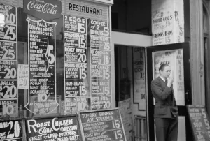 Restaurant Prints: Depression era city restaurant with posted menu and prices
