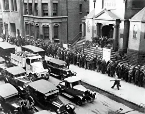 Vintage Car Prints: DEPRESSION- Jobless men lined up in front of St