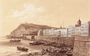 DEROY, Isidore-Laurent (1797-1886). Waterfront. 19th c. Harbour wall and fishermen. Engraving. AISA/Everett Collection**US SALES ONLY**