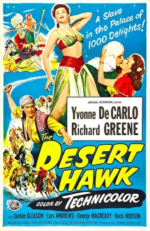Greene Prints: THE DESERT HAWK, US poster, from left: Richard Greene, Yvonne DeCarlo, 1950