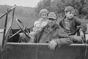 Jobless Prints: A destitute family with their old car in Ozark Mountains during the Great Depression