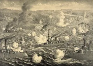 Seaman Prints: Destruction of Spanish fleet after it left Santiago Bay on July 3, 1898