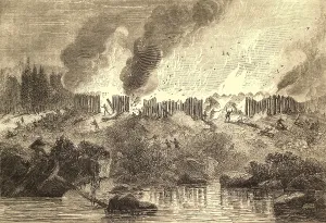 Wood Engraving Prints: The destruction of the town with all of its Pequot Indian inhabitants occurred during the Pequot War of May 1637