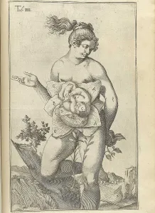 December Prints: Development of the fetus. Female figure with womb exposed displaying a fetus from Adriaan van de Spiegel's