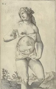 December Prints: Development of the fetus. Female figure with womb exposed displaying a fetus from Adriaan van de Spiegel's
