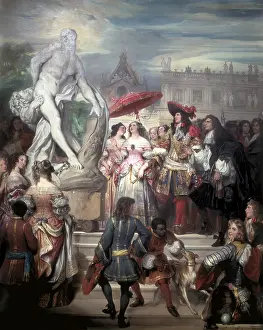 Courtier Prints: DEVERIA, Eugne (1805-1865). Puget presenting the Milo of Crotona to Louis XIV in the gardens of Versailles