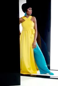 Posing Prints: Diahann Carroll, wearing a yellow silk gown and turquoise pants from Donald Brooks Summer 1967 collection