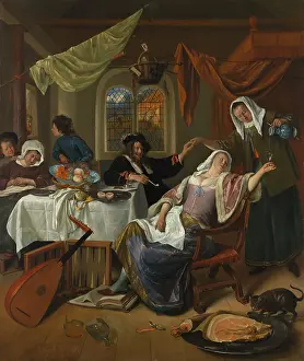 Watch Prints: THE DISSOLUTE HOUSEHOLD, by Jan Steen, 1663-64, Dutch painting, oil on canvas