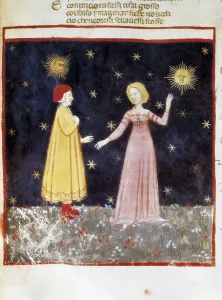 The Divine Comedy. s.XIV. Dante and Beatrix meeting in Paradise. Gothic art. Miniature Painting. ITALY. Venice. Biblioteca nazionale marciana (St. Mark's Library)
