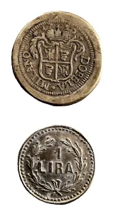 Coin Prints: Dobbla, gold coin and 1 lira coin (Milan)