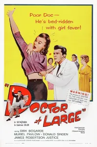 Patient Prints: DOCTOR AT LARGE, US poster art, from left: Shirley Eaton, Dirk Bogarde, 1957