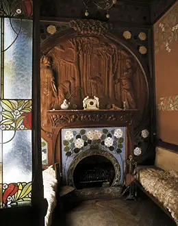 DOMENECH I MONTANER, Lluis (1850-1923). Navs House. 1901-1907. SPAIN. Reus. Navs House. Chimney from the living room, decorated by Gaspar Homar i Mesquida. Modernism