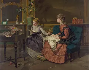 Sewing Prints: Domestic scene with two girls, one reading to another who sews. 1873