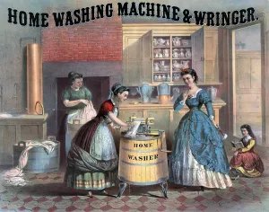 Advertisement Prints: Domestic science. Interior view of a kitchen showing woman using a washing machine as her employer watches