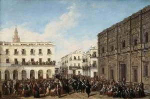 DOMINGUEZ BECQUER, Joaqun (1818-1879). Procession of the Brotherhood of the Passion at Saint Francis Square. 1853. Scene of the Holy Week in Sevilla. Romanticism. Oil on canvas