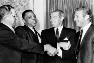 Willie Prints: Dominic DiMaggio, Willie Mays, Joe DiMaggio and Mickey Mantle celebrate Joe's 50th birthday