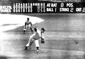 Pitcher Prints: Don Larsen of the NY Yankees pitches perfect game against Brooklyn Dodgers in Game 5 of 1956 World Series