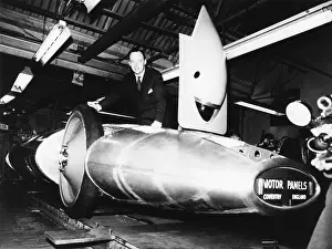Donald Campbell with his rebuilt turbo car, Bluebird, in Coventry. England. Nov. 28, 1969. - (CSU_2015_5_17)