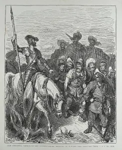 Dore, Gustave (1832-1883). Don Quixote talks to the galeotes. 1863. Illustration of "Don Quixote of La Mancha" (chapter 21, first part). Etching. SPAIN. Madrid