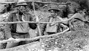 Soldier Prints: Doughboys wear gas masks in the trenches during WWI