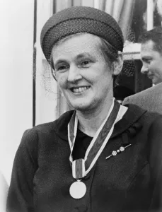 Awards Prints: Dr. Frances O. Kelsey, wearing the Distinguished Federal Civilian Service medal awarded to her for preventing U