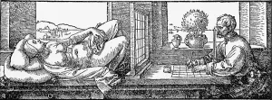 Woodcuts Prints: Draftsman drawing a reclining nude viewed through a screen to assist the exact depiction of his field of vision