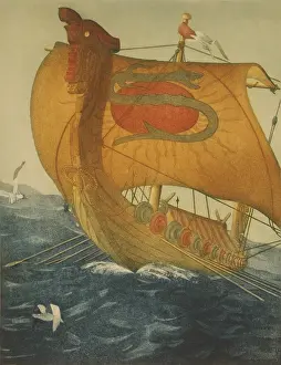 Vikings Prints: THE DRAGON SHIP. Viking ship at sea. Etching by John Taylor Arms 1922