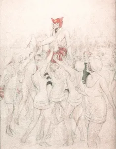 Lifting Prints: Drawing of girls in bathing suits holding up the devil