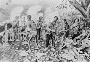 Emaciated Prints: Drawing by POW Ben Steele, depicting sick U