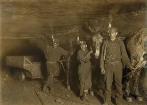 Industrial Revolution Prints: Drivers and Mules with young laborers in a West Virginia coal mine