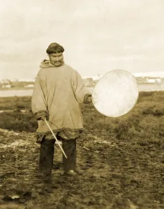 Ethnic Prints: Drummer for Eskimo dance in Nome Alaska