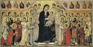 DUCCIO di BUONINSEGNA (1255-1318). Maest (Madonna with Angels and Saints) ). 1308-1311. International gothic. Tempera on wood. ITALY. Siena