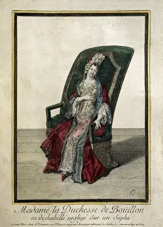 Aristocrat Prints: The Duchess of Bouillon posing as 'deshabille neglige' (carelessly naked) on a sofa