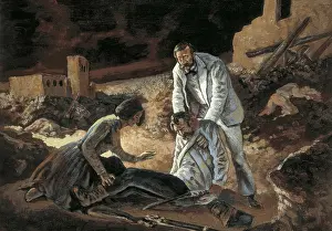 Healing Prints: DUNANT, Henri (1845-1923). Henri Dunant helping a warwounded at the Battle of Solferino