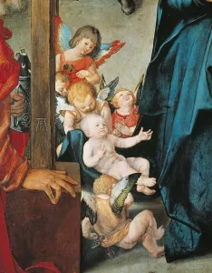 DURER, Albrecht (1471-1528). Paumgartner Altarpiece. ca. 1500. Central detail from central panel: representation of Christ Child surrounded by angels. Scene of the Nativity