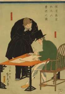 Woodcut Prints: Dutch and German businessmen drafting a contract in a Yokohama mercantile house