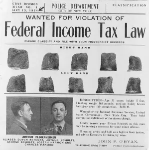Schultz Prints: Dutch Schultz, wanted poster with mugshot and fingerprints for Arthur Flegenheimer (aka Dutch Schultz)