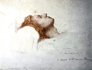 Dying Chopin (Chopin sul letto di morte), by Teofil Kwiatkowski, 1849, 19th Century, pencil and watercolour on paper, 16, 6 x 22, 7 cm - Poland, Warsaw, Fryderyka Chopina Museum