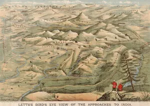 Early 20th century British map shows red coated soldiers looking into the Indus Valley and Afghanistan from Indian territory