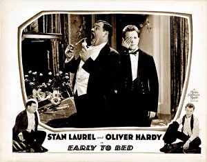 Hardy Prints: EARLY TO BED, lobbycard, Oliver Hardy (inset left and bottom left)