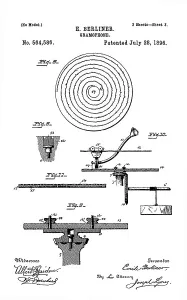 Subst Size Prints: Early recording device: The Berliner gramophone detail of turntable, patent, 1896