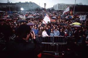 Communism Prints: East Germans brave the weather for the official opening of the Brandenburg Gate