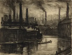 Smokestacks Prints: East London, England, in a view across a river running through factory district with smokestacks belching black smoke