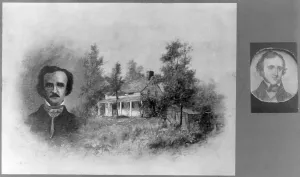 2008 Prints: Edgar Allan Poe, (1809-1849), Composite of head-and-shoulders portrait of Edgar Allan Poe and Fordham House