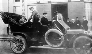 Convertible Prints: Edward, Prince of Wales, (L) seated in a 1910 Pierce-Arrow touring car at the Zeppelin works at Friedrichschafen