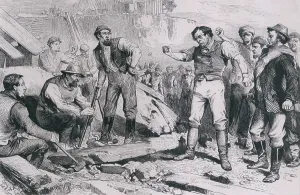 Organized Labor Prints: Eight-hour strikers threatening non-strikers on a New York City construction site