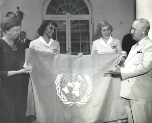 Humanitarians Prints: Eleanor Roosevelt and 4-H Club girls present Pres