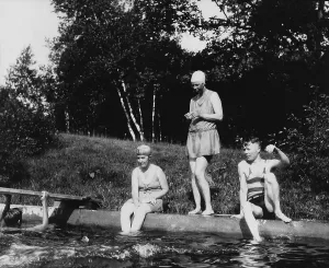 Swimming Pool Prints: Eleanor Roosevelt and Missy LeHand swimming at Val-Kill in Hyde Park