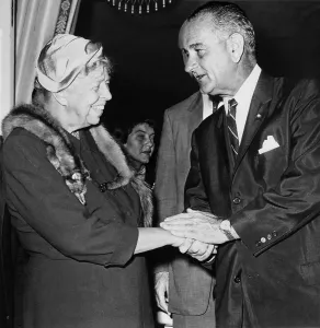 Candidate Prints: Eleanor Roosevelt shaking hands with Democratic vice presidential candidate Senator Lyndon Johnson