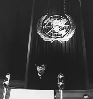 Microphones Prints: Eleanor Roosevelt speaking before United Nations in Central Hall
